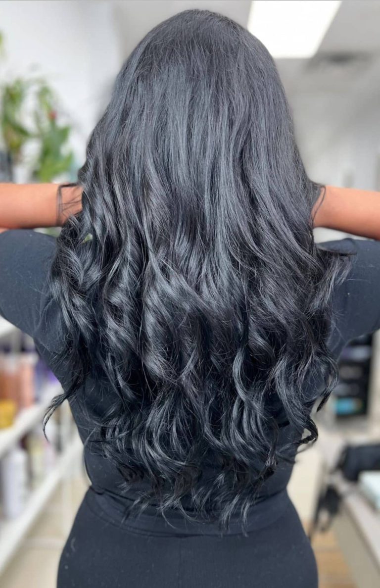 hair extensions near me, long glossy black waves at Donya Hair + Body, Richmond Hill